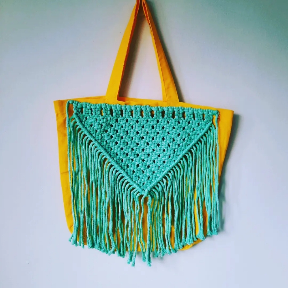 Summer vibes Handmade Macrame cotton tote, bag ,yellow, turquoise - Picture 1 of 3